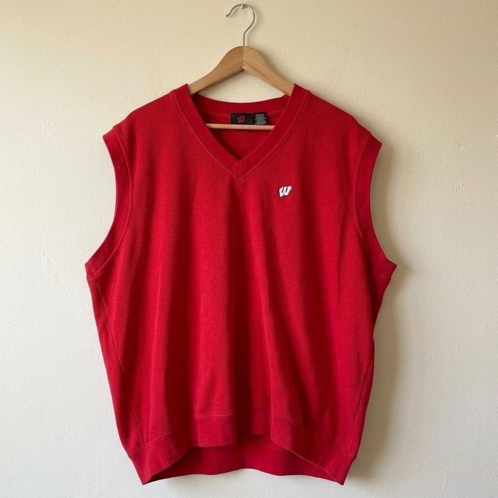 Vintage Wisconsin Badgers Vest Mens XL Red NCAA Collegiate V-Neck Sweatshirt 90s